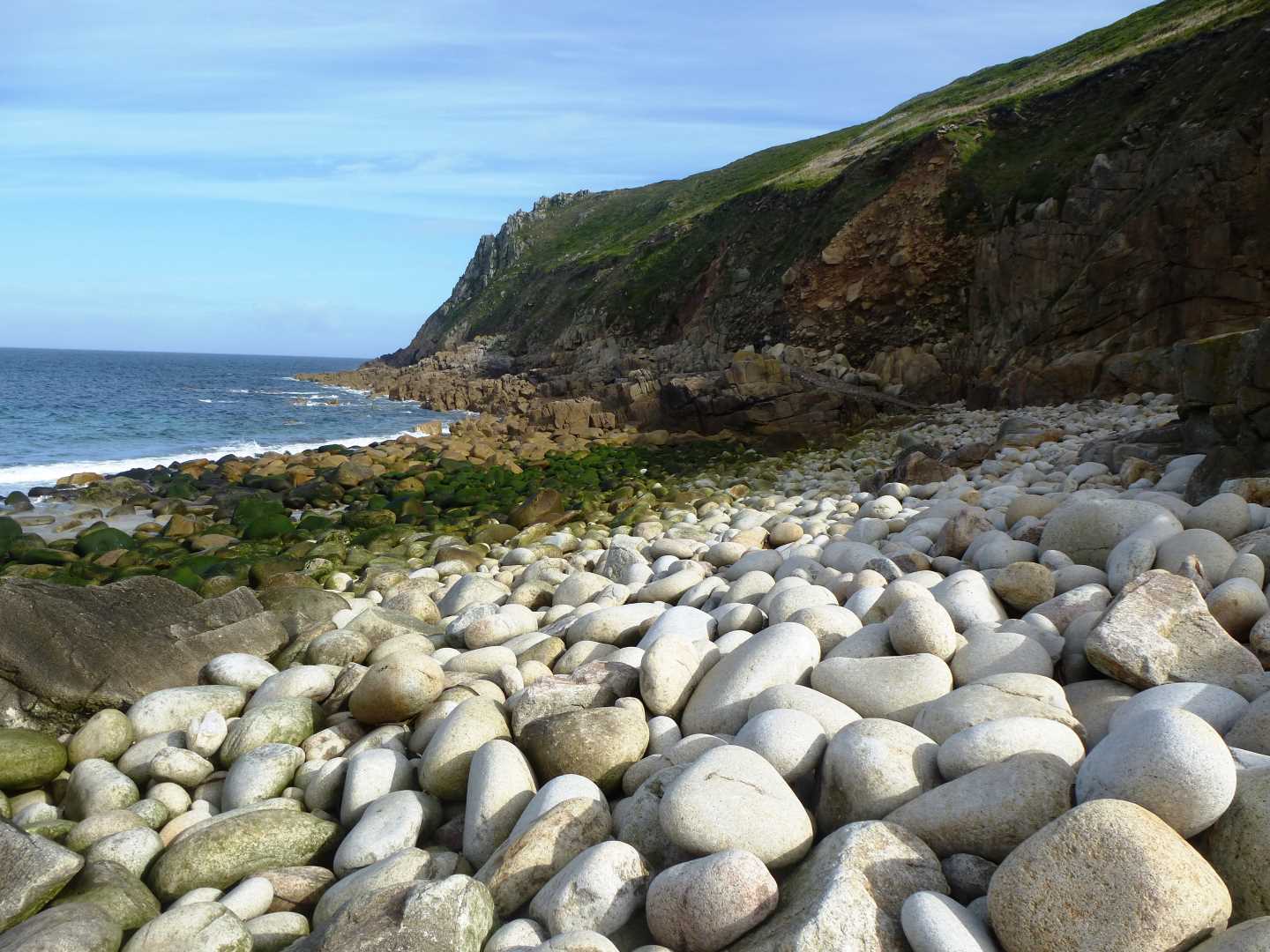 A rocky beach with seaweed covering some of the rocks